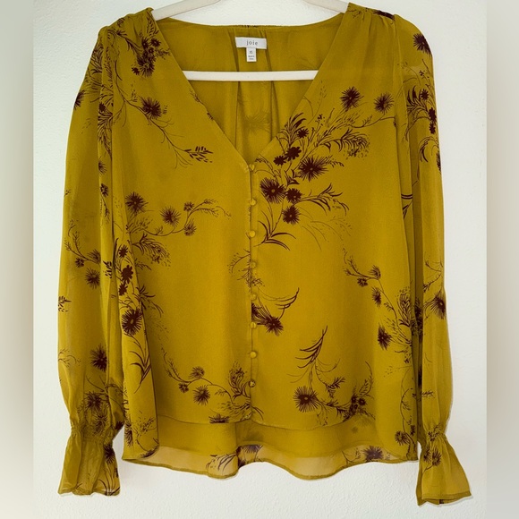 Joie Womens Awilda Floral Goldenrod  100% Silk Elastic Sleeves Blouse XS - Picture 2 of 5